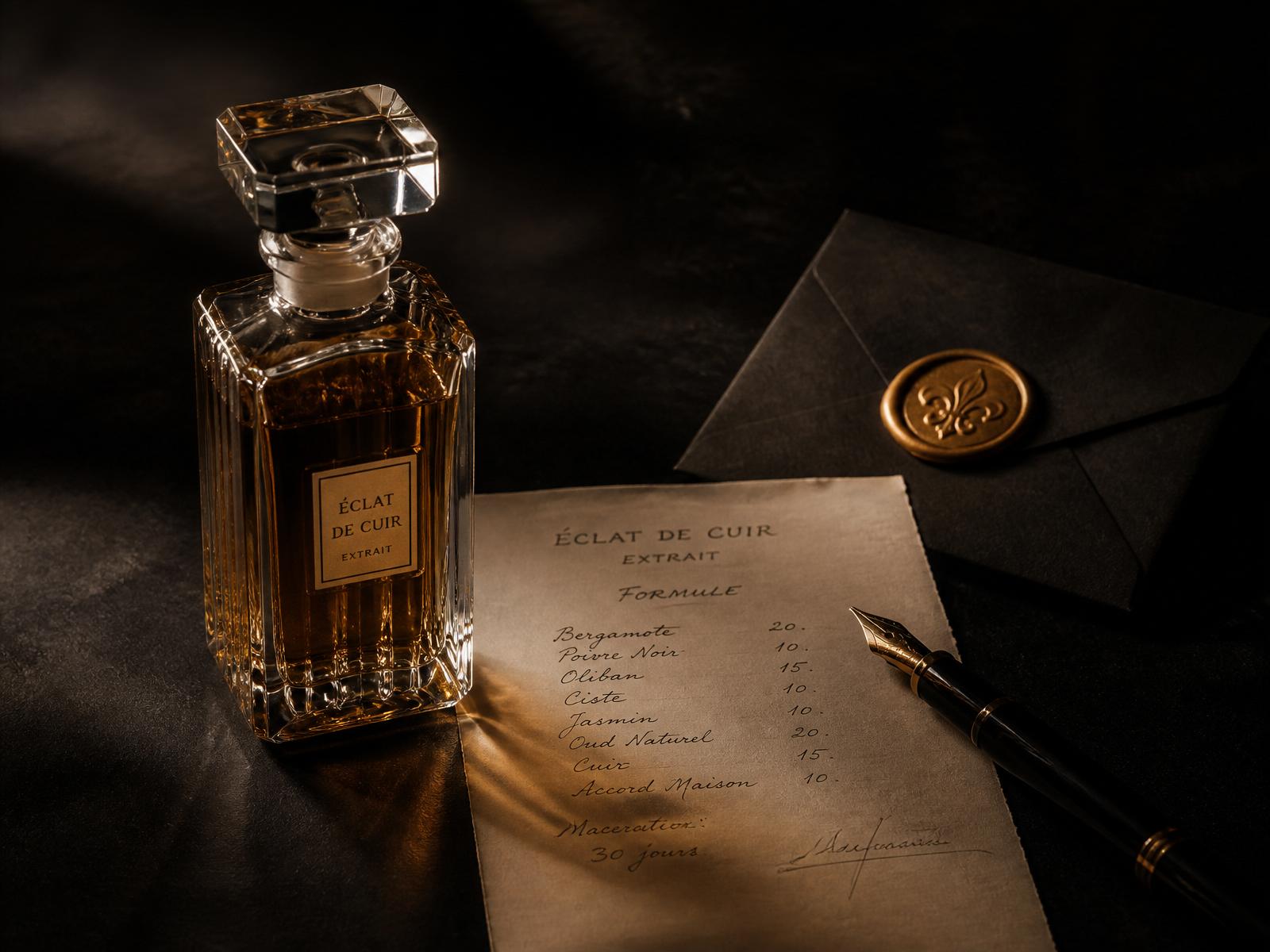 A bespoke BiriLé flacon, handwritten formula, fountain pen, and wax-sealed envelope in soft window light