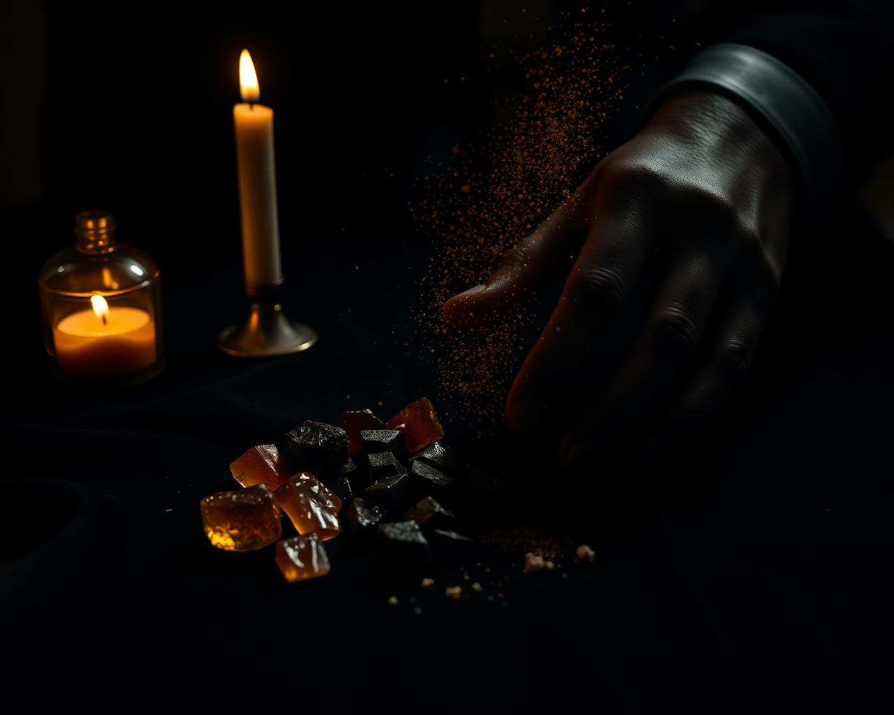 The hands of the Birilé alchemist working with aged resins by candlelight